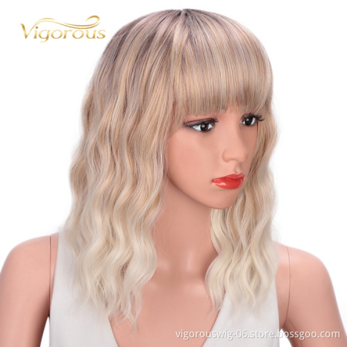 Vigorous Glueless Heat Friendly Wholesale Short Vendor Cheap Ombre Blonde White Wavy High Grade Synthetic Wig